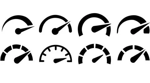 Set Speedometer, Group tachometer icon. Collection Speed indicator sign. Stock Illustration