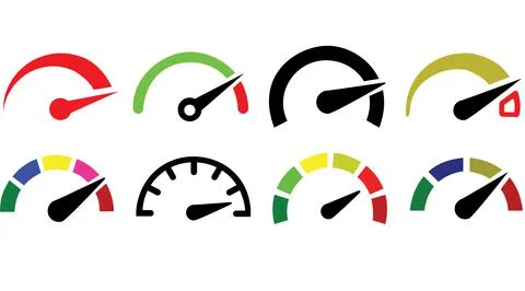 Set Speedometer, Group tachometer icon. Collection Speed indicator sign. Stock Illustration
