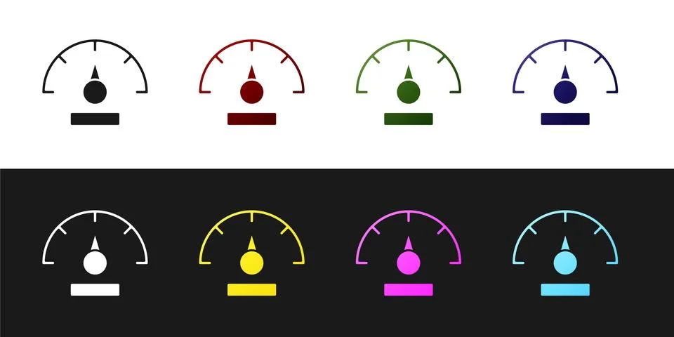 Set Speedometer icon isolated on black and white background. Vector Stock Illustration