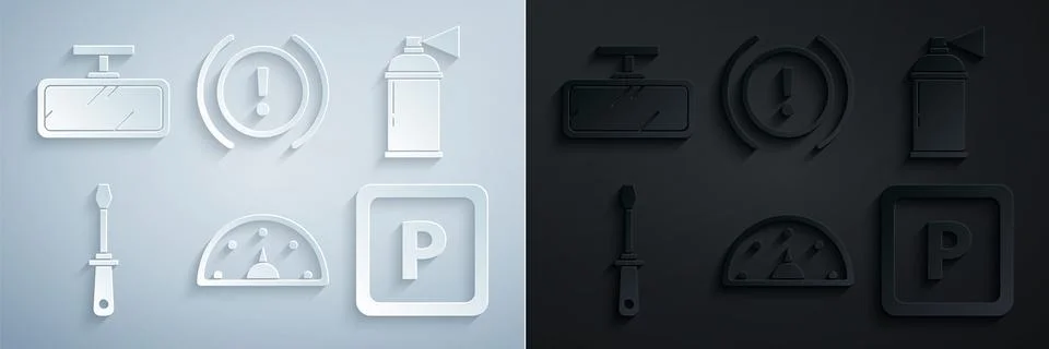 Set Speedometer Paint spray can Screwdriver Parking Brake system warning and  Stock Illustration
