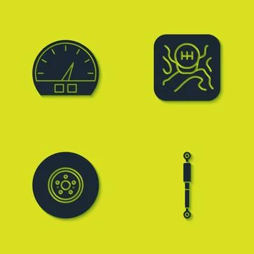 Set Speedometer, Shock absorber, Car brake disk and Gear shifter icon. Vector Stock Illustration