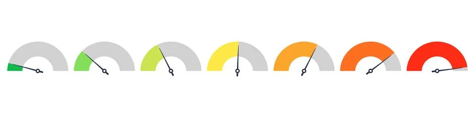 Set of speedometer, speed dial indicator. Green and red, low and high baromet Stock Illustration