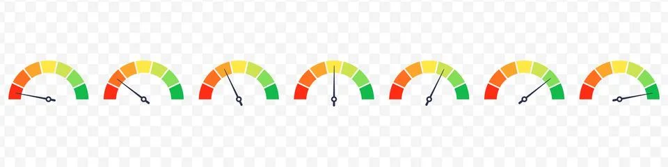 Set of speedometer, speed dial indicator. Green and red, low and high baromet Stock Illustration