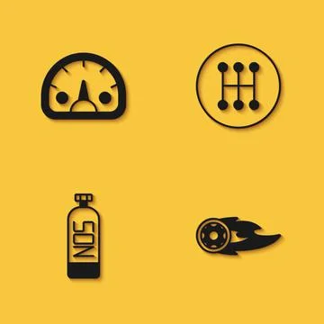 Set Speedometer, Wheel in fire flame, Nitrous oxide and Gear shifter icon with Stock Illustration