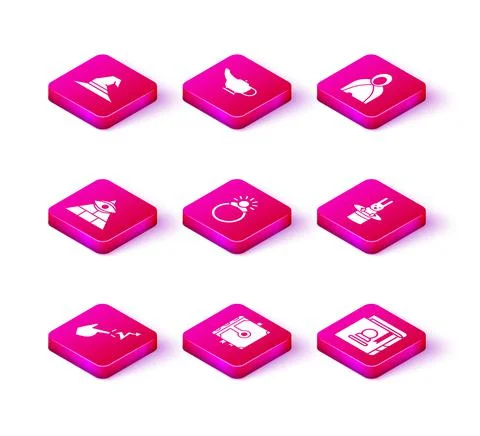 Set Spell, Ancient magic book, Masons, Magic stone ring with gem, Magician hat Stock Illustration