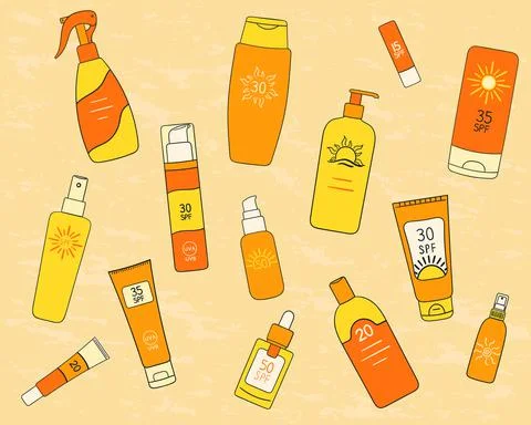 Set of SPF bottles, tubes on sand background. Sunscreen protection and sun sa Stock Illustration