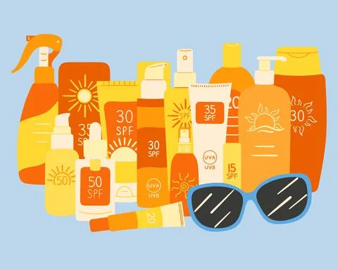 Set of SPF bottles, tubes stand together with sunglasses. Sunscreen protectio Stock Illustration