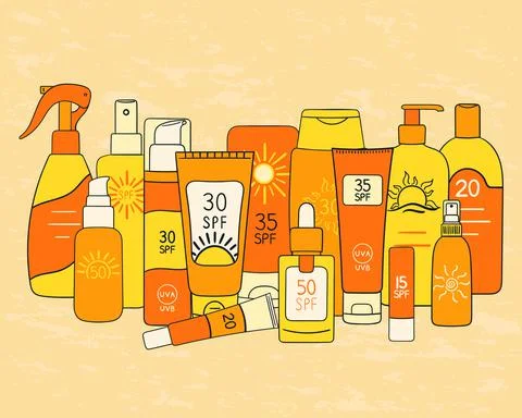 Set of SPF bottles, tubes stand together on sand background. Sunscreen protec Stock Illustration