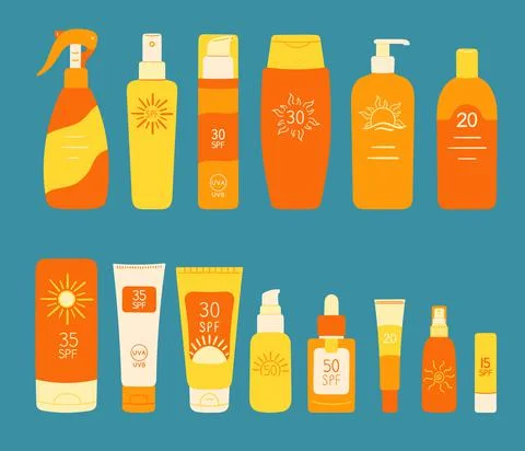 Set of SPF bottles, tubes. Sunscreen protection and sun safety. Sunscreen cre Stock Illustration
