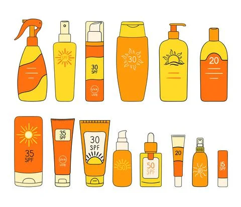 Set of SPF bottles, tubes. Sunscreen protection and sun safety. Sunscreen cre Stock Illustration