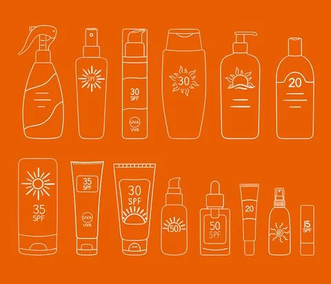 Set of SPF bottles, tubes. Sunscreen protection and sun safety. Sunscreen cre Stock Illustration