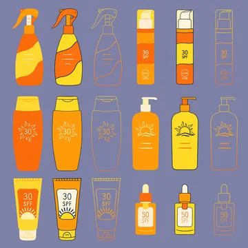 Set of SPF bottles, tubes. Sunscreen protection and sun safety. Sunscreen cre Stock Illustration
