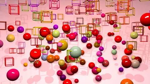 Set of spheres and cubes descend then rise varying in scale. 4k looped Stock Footage 97644046