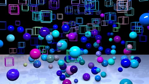Set of spheres and cubes descend then rise varying in scale. 4k looped Stock Footage 97644176