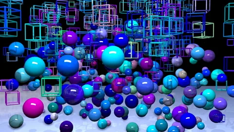 Set of spheres and cubes descend then rise varying in scale. 4k looped Stock Footage 97646052