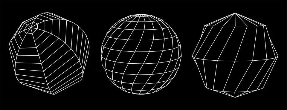 Set of spheres from a wireframe mesh on dark background. Collection of sphere Stock Illustration