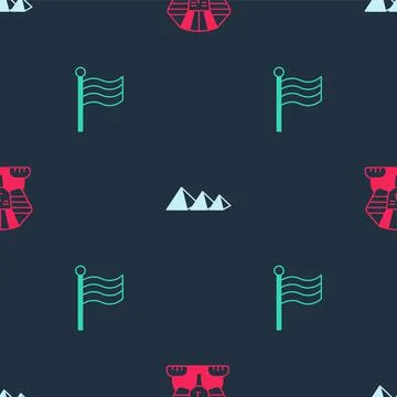 Set Sphinx, Egypt pyramids and Flag Of on seamless pattern. Vector Stock Illustration