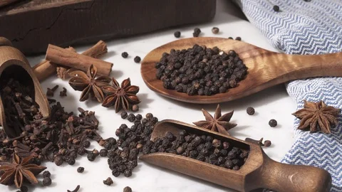 Set of spices on marble table 스톡 동영상 115506174