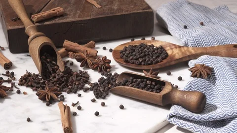 Set of spices on marble table Video stock 115506773