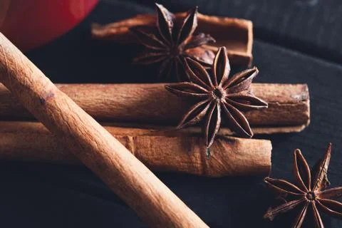 Set of spices for mulled wine on table Stock Photos