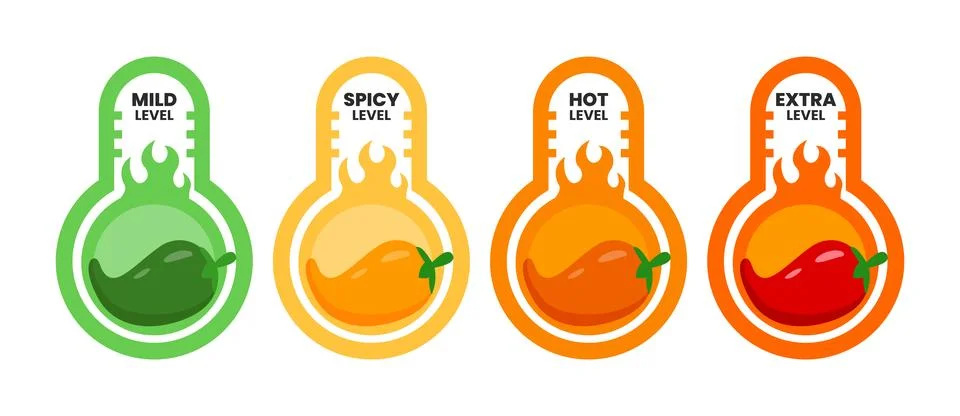 Set of spicy level label set collection with fire flames, red Chili Peppers.. Stock Illustration
