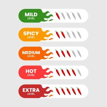 Set of spicy level label set collection with fire flames, red Chili Peppers.. Stock Illustration