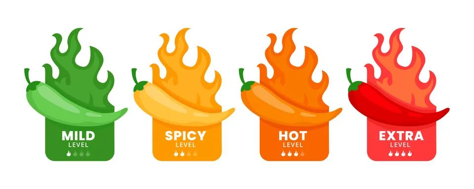 Set of spicy level label set collection with fire flames, red Chili Peppers.. Stock Illustration