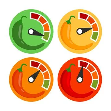 Set of spicy level label set collection with fire flames, red Chili Peppers.. Stock Illustration
