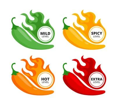Set of spicy level label set collection with fire flames, red Chili Peppers.. Stock Illustration