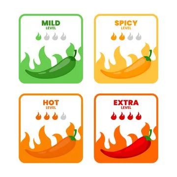 Set of spicy level label set collection with fire flames, red Chili Peppers.. Stock Illustration