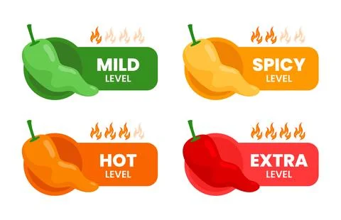 Set of spicy level label set collection with fire flames, red Chili Peppers.. Illustrazione stock