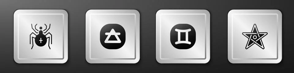 Set Spider, Air element, Gemini zodiac and Pentagram icon. Silver square button Stock Illustration