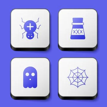 Set Spider, Bottle with potion, Ghost and web icon. White square button. Vect Stock Illustration