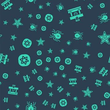 Set Spider, Bottle with potion, Tarot cards and Pentagram on seamless pattern Stock Illustration