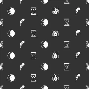 Set Spider, Feather pen, Moon and Medieval goblet on seamless pattern. Vector Illustrazione stock
