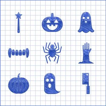 Set Spider, Ghost, Meat chopper, Zombie hand, Pumpkin, Vampire teeth, and Magic Stock-Illustration