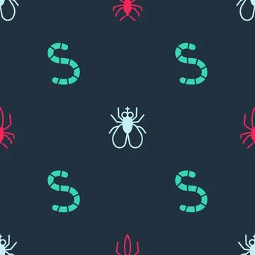 Set Spider, Insect fly and Worm on seamless pattern. Vector Stock Illustration
