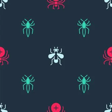 Set Spider, Insect fly and on seamless pattern. Vector Stock Illustration