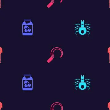 Set Spider, Jam jar, Sickle and Shovel on seamless pattern. Vector Stock Illustration