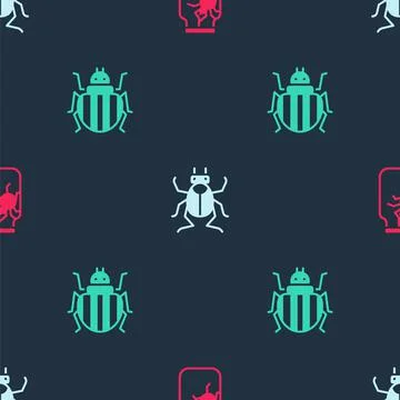Set Spider in jar, Beetle bug and Colorado beetle on seamless pattern. Vector Stock Illustration