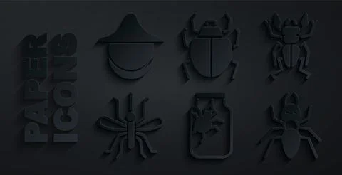 Set Spider in jar, Beetle deer, Mosquito, Ant, Mite and Beekeeper hat icon Illustration
