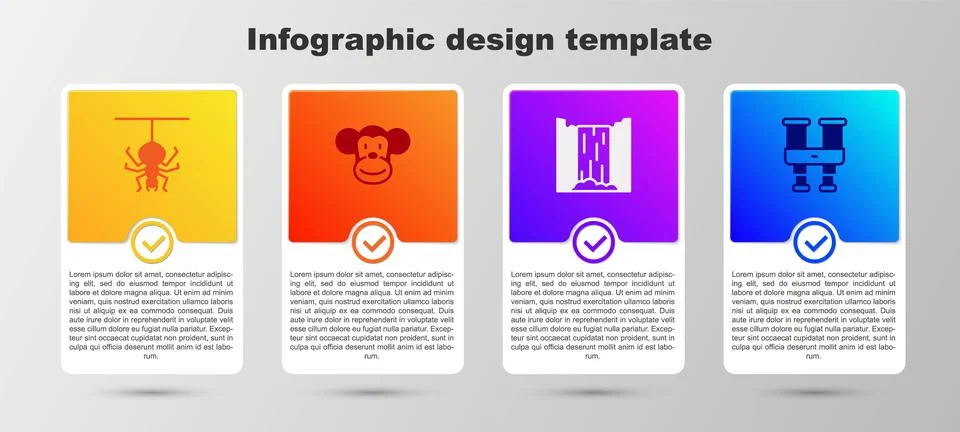 Set Spider, Monkey, Waterfall and Binoculars. Business infographic template Stock Illustration