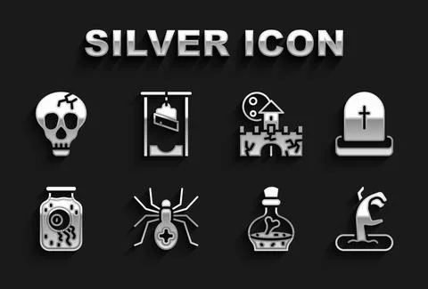 Set Spider, Tombstone with RIP written, Zombie hand, Bottle potion, Eye in jar Stock-Illustration