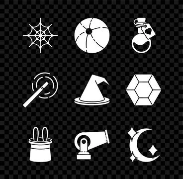 Set Spider web, Beach ball, Bottle with love potion, Magician hat and rabbi.. Stock Illustration