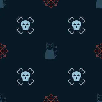 Set Spider web, Black cat and Skull on crossbones on seamless pattern. Vector Illustrazione stock