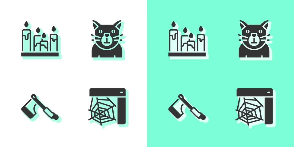 Set Spider web, Burning candle, Wooden axe and Cat icon. Vector Stock Illustration