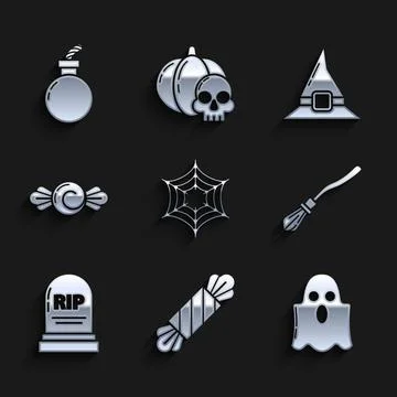 Set Spider web, Candy, Ghost, Witches broom, Tombstone with RIP, hat and Bomb Illustration