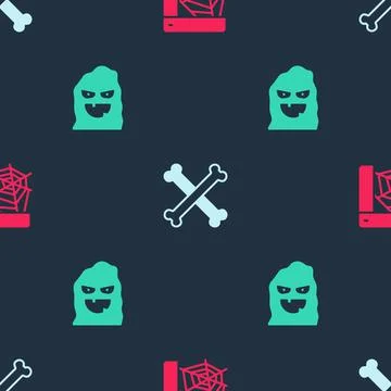 Set Spider web, Crossed bones and Funny and scary ghost mask on seamless pattern Illustrazione stock