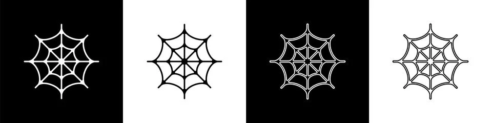 Set Spider web icon isolated on black and white background. Cobweb sign. Happy 스톡 일러스트