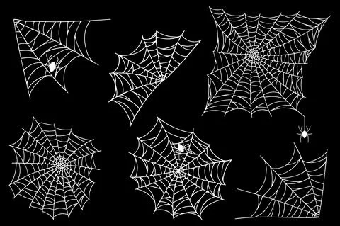Set spider web isolated on black background. Spooky Halloween cobwebs with sp 스톡 일러스트